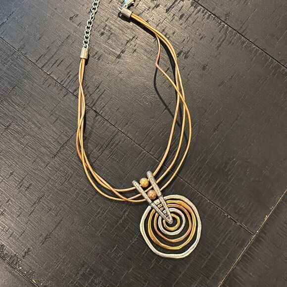 Vtg Mixed Metal Brass Copper Hammered Silver Necklace Concentric Circles Leather - Picture 1 of 6